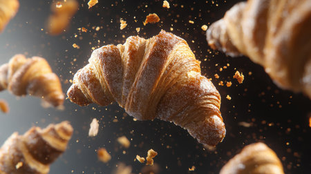A stunning collection of freshly baked croissants and sugary pastries, capturing the delicate textures and warm aromas perfect for any occasion.の素材