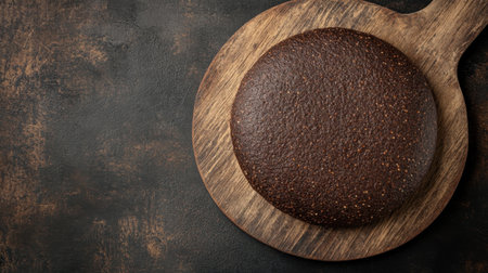 Discover a freshly baked round dark buckwheat bread loaf on a rustic wooden board. This image captures the rich texture and artisanal quality ideal for food enthusiasts.の素材