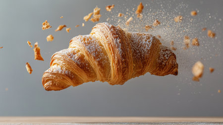 A delightful croissant gracefully soars through the air, showcasing its flaky layers and golden texture. Perfect for food lovers and culinary enthusiasts.の素材