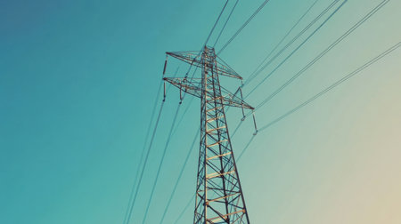 A towering steel pylon supports high voltage power lines against a clear blue sky. This image captures the essence of energy transmission infrastructure in a modern landscape.の素材