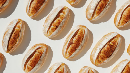 A beautiful arrangement of freshly baked golden bread loaves with a textured crust, showcasing an appetizing view on a clean white background. Perfect for food-related themes.の素材