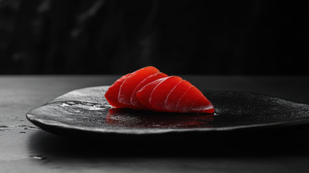 A visually striking plate featuring fresh tuna sashimi elegantly arranged on a black stone plate, ideal for showcasing gourmet sushi dishes and Asian cuisine.の素材