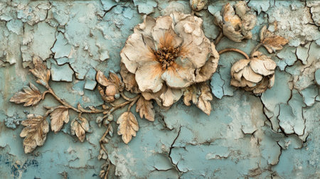 Discover a captivating close-up of a beautiful floral design on a weathered wall, showcasing intricate details and rich textures in muted colors.の素材