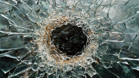 This image features a close-up view of a shattered glass surface, showcasing intricate fracture patterns and a striking circular hole at its center, emphasizing texture and contrast.の素材
