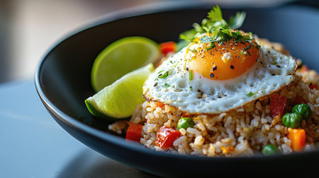 A captivating close-up image showcasing a plate of fried rice topped with a fried egg, garnished with fresh cilantro and accompanied by lime wedges for a vibrant culinary experience.の素材
