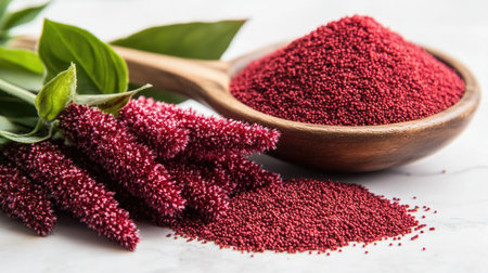 A stunning close-up of rich red amaranth seeds in a wooden bowl, surrounded by vibrant green leaves, showcasing their unique texture and natural beauty.の素材
