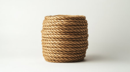 This image features a beautifully arranged coil of natural rope twine, showcasing its texture and organic elegance in a minimalist setting. Perfect for craft and design themes.の素材