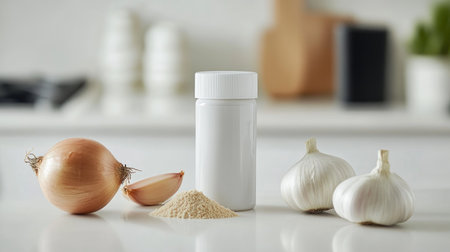 A charming close-up shot of a bottle of seasoning, surrounded by fresh onion and garlic. Ideal for culinary projects and food-related themes.の素材