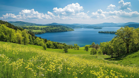 A stunning view of a tranquil lake surrounded by lush greenery and vibrant flowers under a clear sky, perfect for nature lovers and travel enthusiasts.の素材
