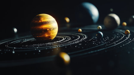 Experience the beauty of a stunning solar system model showcasing colorful planets and intricate orbits, highlighting the vastness of space and celestial wonders.の素材