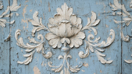 This captivating close-up image showcases a weathered wall featuring an intricate floral motif. The peeling blue paint adds character and nostalgia to any design project.の素材
