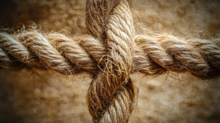 A detailed close-up of a natural fiber rope showcasing its texture and intricate knot work, perfect for highlighting craftsmanship and rustic elements.の素材