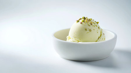 A stunning close-up image of creamy pistachio ice cream served in a white bowl, topped with crushed pistachio nuts. Perfect for dessert lovers!の素材