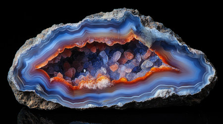 This close-up photograph showcases a stunning agate geode, revealing vibrant colors and intricate patterns. Ideal for nature lovers and geology enthusiasts.の素材