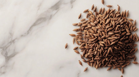 A detailed close-up image showcasing cumin seeds arranged on a smooth marble surface, highlighting the unique texture and earthy tones of this essential spice. Perfect for culinary themes.の素材