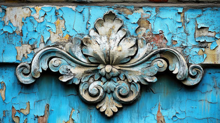 Explore the intricate design of a weathered wall featuring a stunning ornate detail. The blue peeling paint adds character and history to this unique architectural element.の素材