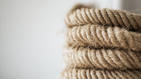 This image showcases a detailed view of neatly coiled natural rope twine, highlighting its texture and fibers. Ideal for crafting, design, or rustic decor projects.の素材