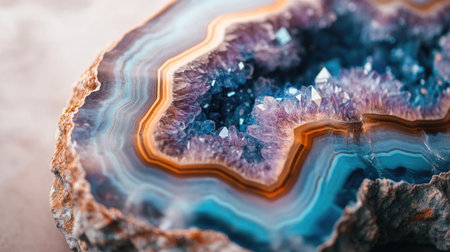 A captivating close-up view of a striking geode showcases its vibrant colors and intricate crystal formations, revealing nature's stunning mineral beauty. Perfect for geological themes.の素材
