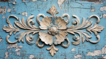 Close-up of a weathered floral wall art piece featuring striking blue paint and intricate details, perfect for adding vintage charm to any interior space.の素材