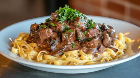 Indulge in this rich beef stroganoff, served on fettuccine and topped with fresh herbs. Perfect for a cozy dinner or special occasion.の素材