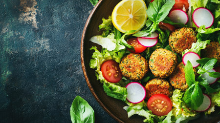 This image showcases a close-up view of fresh falafel served on a vibrant salad with tomatoes, radishes, and lemon. Perfect for culinary inspiration.の素材