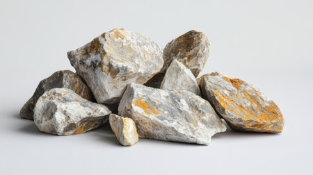 A composition of natural rocks arranged in a pile on a clean white background, showcasing unique textures and colors. Ideal for geological and nature-themed projects.の素材