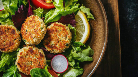 A close-up view of crispy falafel nestled on a bed of fresh greens and vibrant vegetables, offering a healthy and appetizing meal choice.の素材