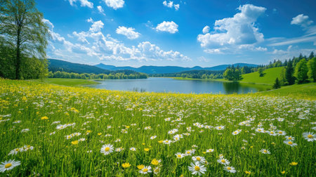 A tranquil lake scene features vibrant green fields dotted with daisies under a bright blue sky. Perfect for evoking feelings of peace and nature's beauty.の素材