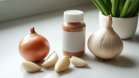 Captivating close-up of fresh onions, garlic, and a bottle of seasoning. Perfect for culinary projects, recipe books, or food blogs showcasing fresh ingredients.の素材