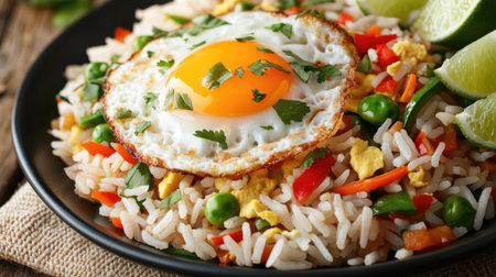 A vibrant plate of fried rice topped with a fried egg and fresh vegetables. Perfect for showcasing delicious Asian cuisine in a rustic setting.の素材