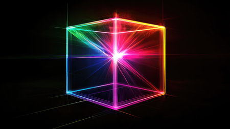Vibrant and colorful light cube radiating energy and glow, creating an abstract and futuristic design. Ideal for artistic and modern themes.の素材