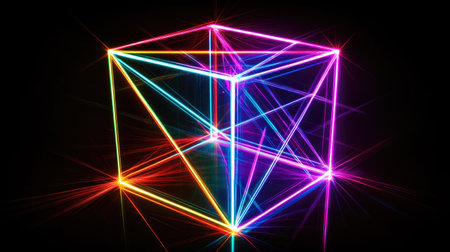 A vibrant 3D cube illuminated by neon colors and bright light effects, perfect for abstract and modern design projects, creating a stunning visual impact.の素材