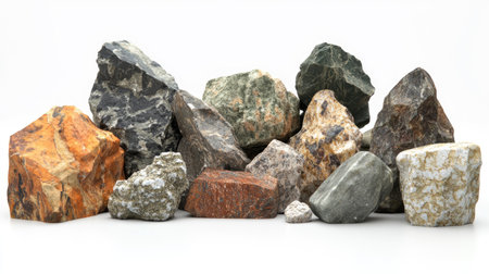 This image features an isolated pile of various rocks on a clean white background. The assortment showcases unique textures and colors, ideal for geology-related projects.の素材