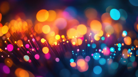 Vivid fiber optic threads illuminated with colorful light dots create an abstract and vibrant background, perfect for showcasing technology and creativity.の素材
