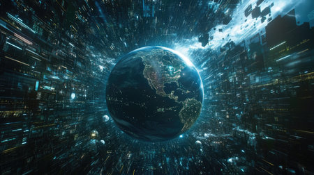 A stunning visualization of Earth at the center of a vibrant cosmic scene, surrounded by dynamic energy and captivating light effects. Perfect for tech and science themes.の素材