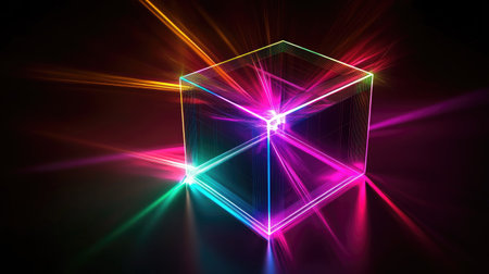 A vibrant geometric cube radiating colorful lights creates a mesmerizing abstract background, perfect for modern art and technology themes.の素材