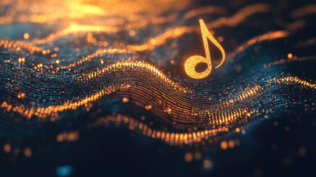 An abstract digital image featuring a glowing music note amidst vibrant waves of sound. Perfect for themes of creativity, technology, and audio.の素材