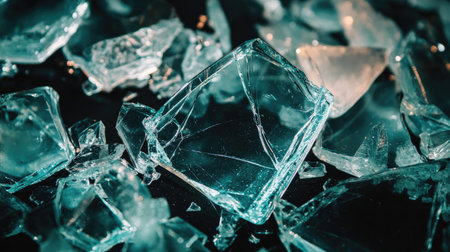 Close-up of shattered glass pieces scattered on a dark surface. The glimmering edges and transparent fragments create an artistic and chaotic visual effect.の素材