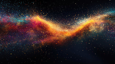 Explore the vibrant cosmic dust flowing through deep space, with shimmering colors and sparkling stars creating a mesmerizing celestial scene. Perfect for astronomy enthusiasts.の素材