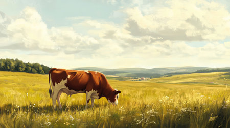 A peaceful scene featuring a cow grazing in a sunlit meadow, surrounded by lush grass and a picturesque landscape, perfect for nature lovers.の素材