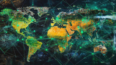 Illustrated global map highlighting digital connections, showcasing a vibrant representation of networking and communication across different regions of the world.の素材