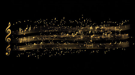 This stunning image features golden music notes dancing across a dark background, creating a magical and elegant representation of melody and rhythm. Perfect for music-themed projects.の素材
