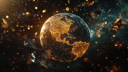 A stunning visualization of Earth glowing against a cosmic backdrop, surrounded by shimmering particles. Perfect for themes of technology, exploration, and the universe.の素材