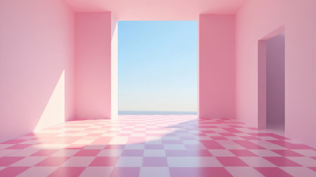 A contemporary pink room featuring a checkerboard floor and an open view. Sunlight creates a serene and inviting atmosphere, perfect for creative spaces.の素材