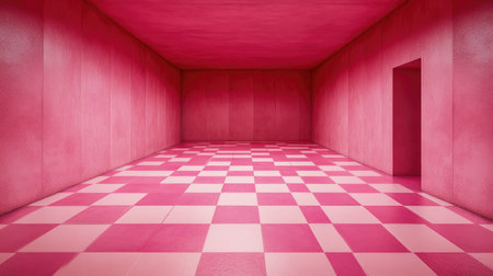 A striking interior environment featuring a vibrant pink room with a checkerboard floor. This modern space showcases minimalist design with smooth textures.の素材