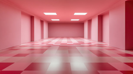 A spacious and minimalist interior featuring a pink checkered floor and soft lighting. Ideal for showcasing contemporary design concepts and aesthetics.の素材