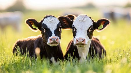 Two playful calves rest together in a sunlit green meadow, showcasing their innocence and charm in a serene rural setting filled with nature's beauty.の素材