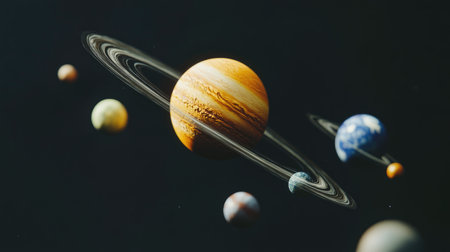 Stunning illustration of planets in space, featuring Jupiter with rings, alongside other celestial bodies. Perfect for astronomy and education themes.の素材