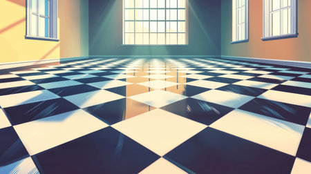 Spacious interior featuring a bright empty room with a striking black and white checkered floor illuminated by soft sunlight streaming through windows.の素材