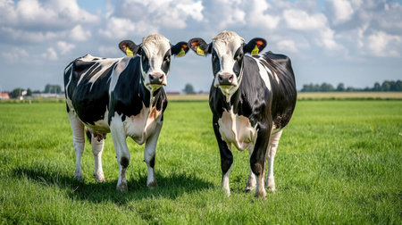 Two cows stand together in a lush green pasture under a bright blue sky, showcasing rural life and the beauty of nature on a sunny day.の素材